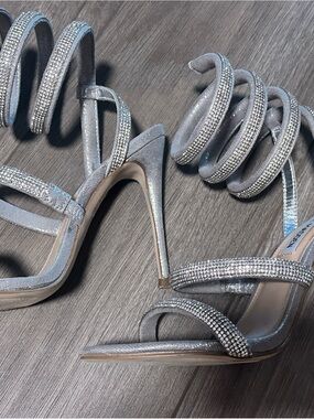 Steve Madden Silver Rhinestone Spiral Strap Stilettos